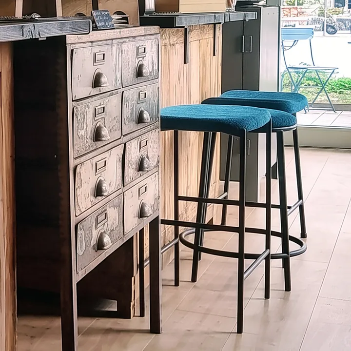 Houten bar en blauwgroene krukken in Hellevoetsluis