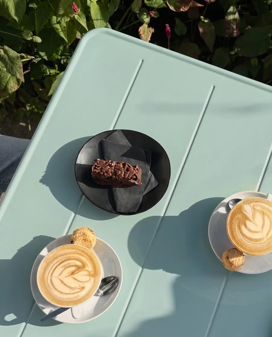 Cappuccino's en een brownie op het terras